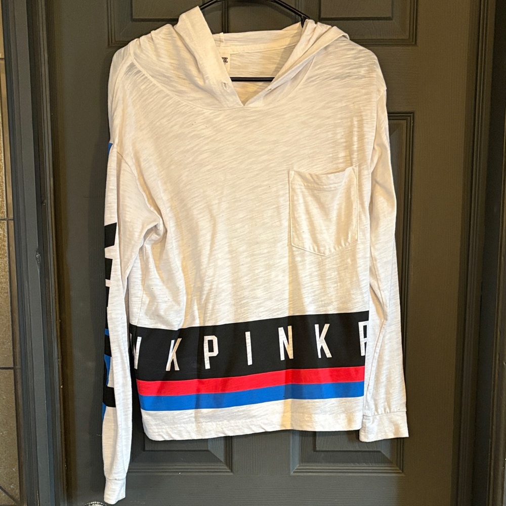 PINK Victoria's Secret White Hoodie with Black and Blue Accents